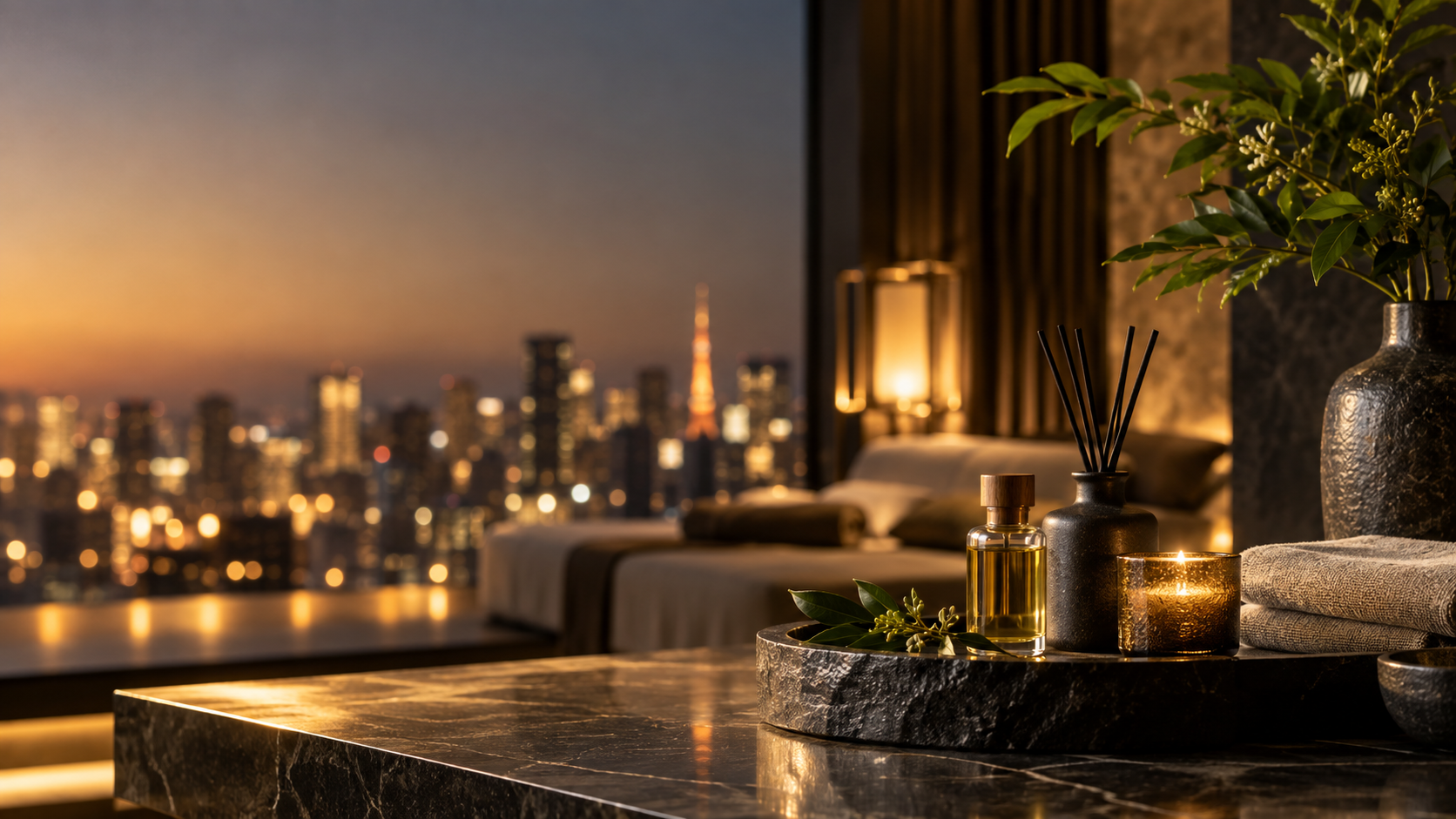 GRAND AROMA東京の記事用、アロマオイルと東京の夜景のイメージ